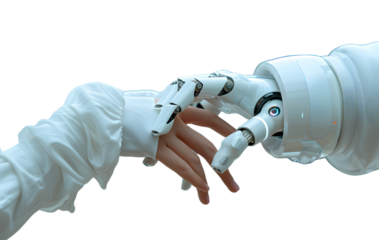 Robot and human hands touch over big data network connections artificial intelligence High quality photo