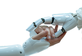 Robot and human hands touch over big data network connections artificial intelligence High quality photo