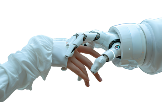 Robot and human hands touch over big data network connections artificial intelligence High quality photo