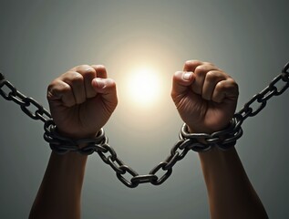  a pair of hands held upwards, bound by heavy metal chains around the wrists.