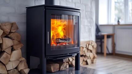 Interior of a modern house, living room with fireplace and black sofa