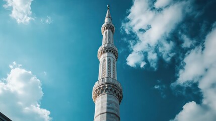 A stunning shot of a mosque's minaret reaching up into the sky, with a backdrop of clear blue skies and a few clouds, emphasizing the height and grace of the structure 
