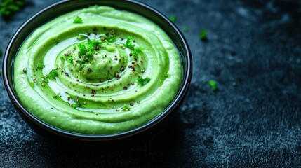 Green soup in a dark bowl. Garnish. Dark background