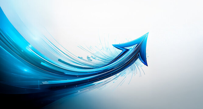 A dynamic blue arrow streaks upwards and right, conveying forward motion and progress on a gradient backdrop with light streaks, suggesting speed and direction.