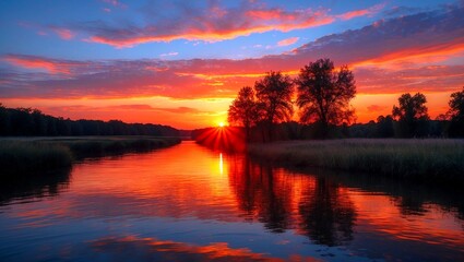 Stunning sunset reflected on tranquil river landscape