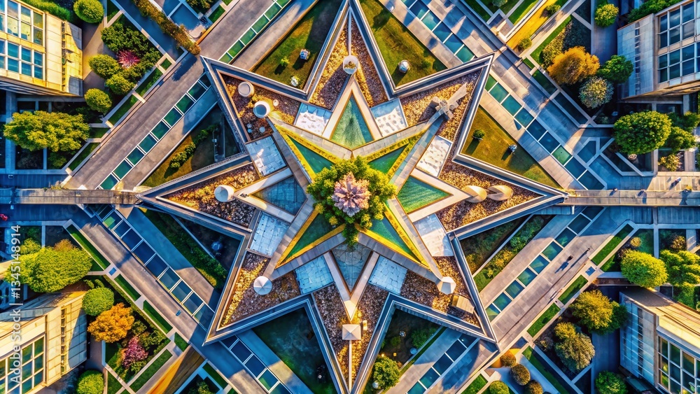Sticker abstract 3d geometric star background: drone aerial view of four-pointed star structure