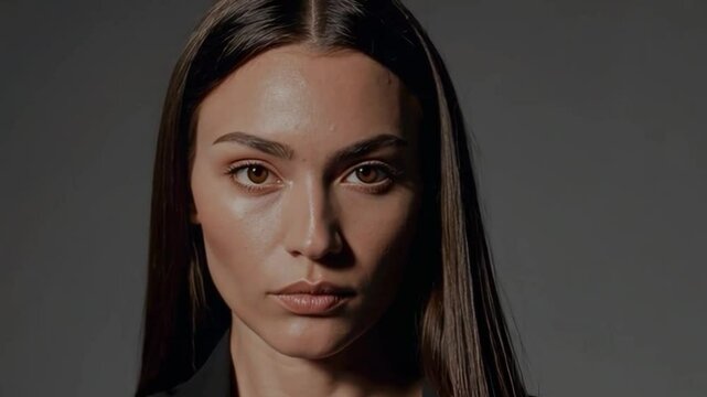 Close-up of a woman with an intense, confident expression. Her sleek hairstyle and focused gaze make it ideal for dramatic, fashion, and empowerment concepts.