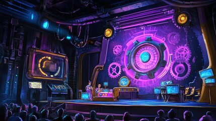 A futuristic stage setting for a scientific presentation in a large hall