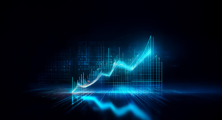 Abstract glowing blue lines form an ascending graph against a dark background, reflected below, illustrating growth and digital data visualization in a futuristic style.