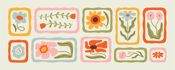 Colorful floral frame illustration set. Vintage style flower design collection. Geometric natural bouquet decoration, spring season nature flowers.