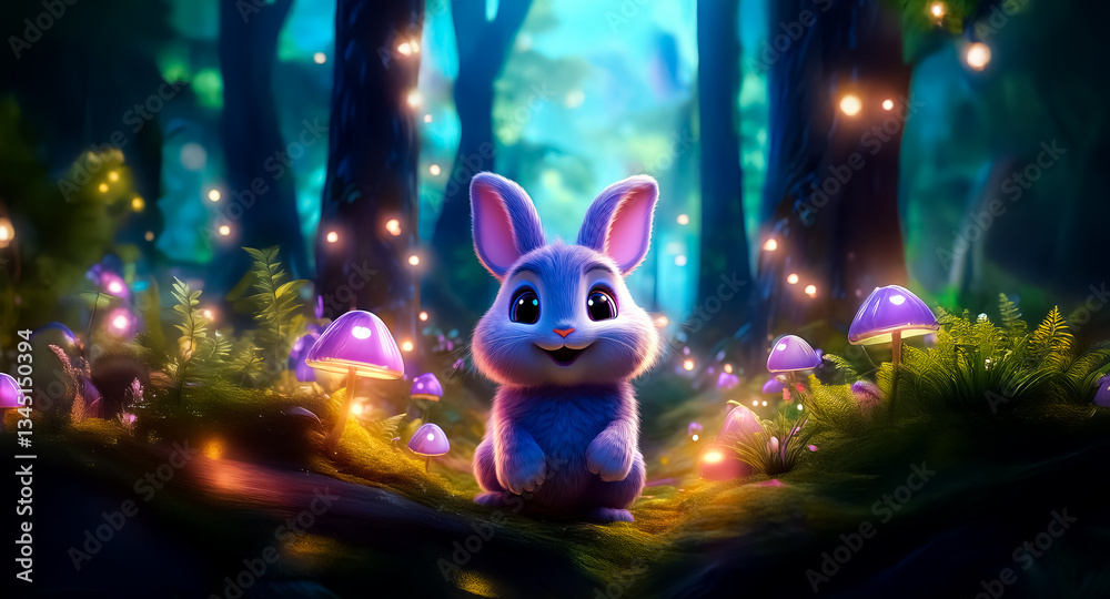 Canvas Prints cute bunny sits in a whimsical forest surrounded by glowing mushrooms and soft lights, creating a ma