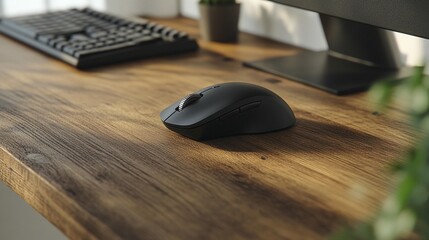Black wireless computer mouse on wooden desk with keyboard and monitor.