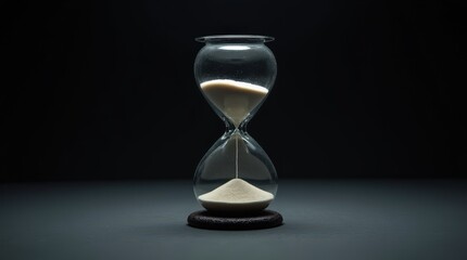 Close-up of a glass hourglass with smooth curves on a dark textured base, sharp highlights from soft light, fine sand flowing, black backdrop