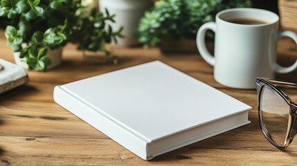 Blank book mockup on wooden desk with coffee cup, plants, and glasses.