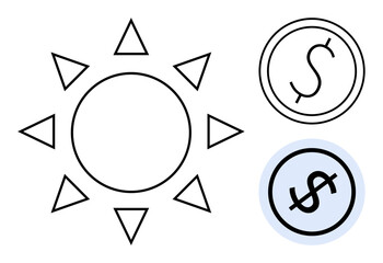 Sun outline with triangular rays and two coins with dollar signs. Ideal for sustainability, renewable energy, eco-finance, economy, savings, green investments, circular economy. Flat simple metaphor