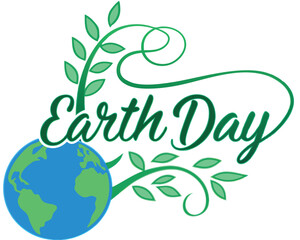 This visually appealing Earth Day graphic features stylized text with a small globe and a decorative leaf wreath, perfect for promoting environmental awareness and sustainability.