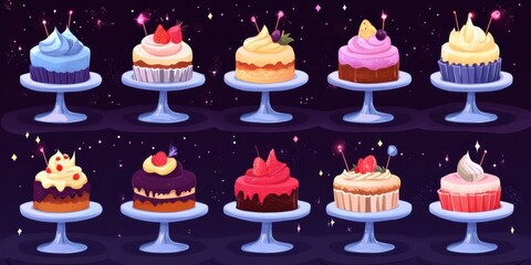 A collection of decorated cakes displayed on serving platters
