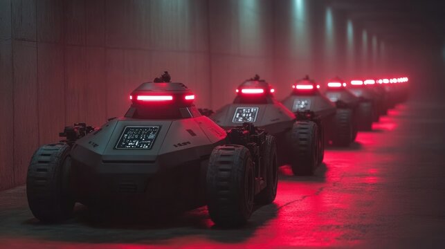 Futuristic military-style autonomous vehicles in a dimly lit underground tunnel.  Red lights illuminate the vehicles and corridor - Powered by Adobe