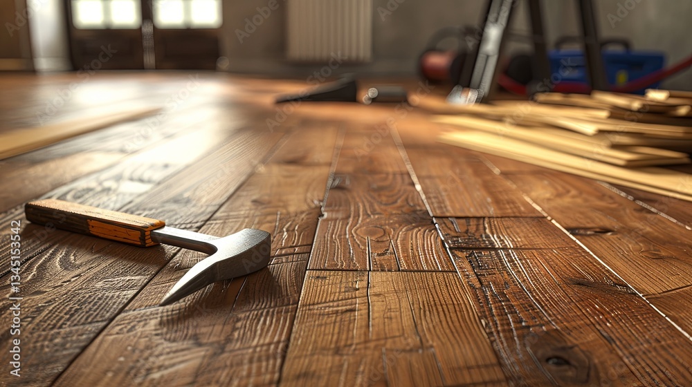 Poster parquet floor installation in progress with tools showcasing fine craftsmanship in a beautifully lit