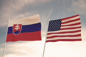 Relations between the countries of the United States of America USA and SLOVAKIA  represented by the concept of two flags waving against a cloudy sky.3d render.
