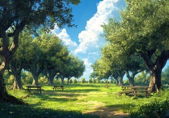 Obraz premium Serene Outdoor Park with Lush Green Trees and Clear Blue Sky, Inviting Benches for Relaxation and Enjoyment in a Peaceful Natural Setting