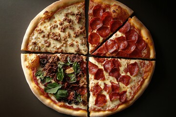 Delicious pizza showcasing four unique flavors on a rustic wooden table