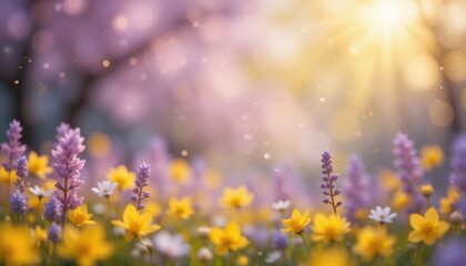 Vibrant Spring Meadow Yellow and Lavender Bokeh Flowers