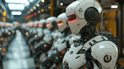 Fototapeta premium Futuristic Robot: Advanced Robotics and Automation on the Modern Production Line - A Futurism Marvel in the Robotics Industry with Human-Like AI and High-Tech Machine Learning