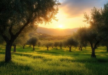 Serene Sunset Over Olive Trees in Lush Green Meadows Capturing Tranquility and Natural Beauty in Rural Landscape