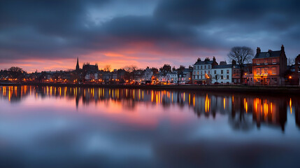 Obraz premium Evening Cityscape Reflecting City Lights On Calm Water Surface Under Orange And Blue Sky With Buildings And Trees