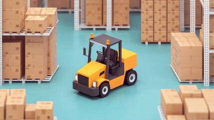 A miniature forklift is shown in a warehouse filled with stacked boxes, highlighting logistics and inventory management.