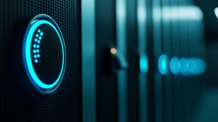 Server room control panel glowing blue light