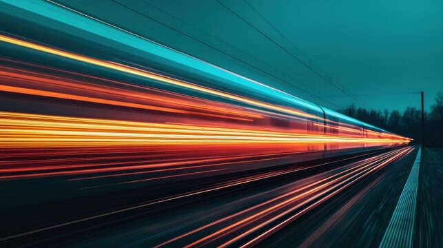 A high-speed train blurs through the night, surrounded by streaks of vibrant light against a dark, moody backdrop.
