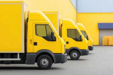 A row of bright yellow delivery trucks parked against a vivid yellow wall, emphasizing a vibrant and modern logistics environment.