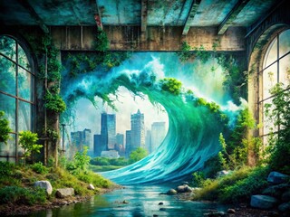 Naklejka premium Abstract Ocean Wave Painting, Urban Exploration Photography, Grunge Texture, Teal Blue Hues, Cityscape Reflections