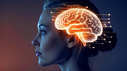 Obraz premium Woman in side profile with glowing brain visualization