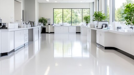 Modern, bright laboratory interior with sleek white surfaces and expansive windows