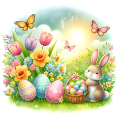 Cute Easter Bunny with Basket, Tulips and Blooming Flowers, Whimsical Easter Bunny and Spring Flowers Watercolor Illustration. Generative ai