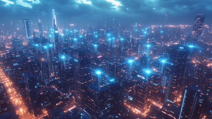 Futuristic city at night aerial view, glowing buildings, storm clouds. Possible use Stock photo