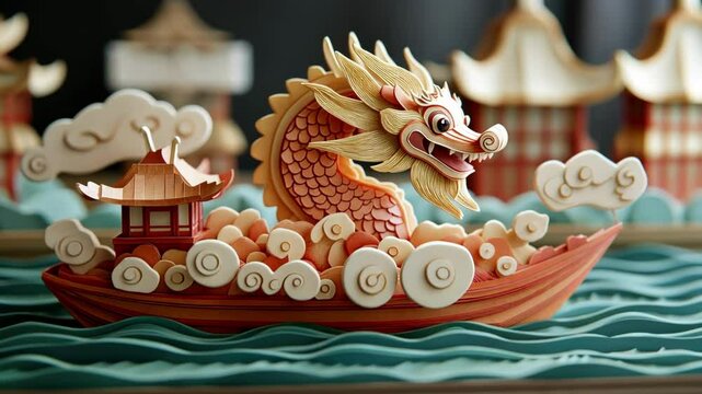 Intricate wooden dragon boat sculpture amidst stylized waves and clouds. Happy Chinese New Year
