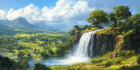 Fototapeta premium Beautiful landscape painting depicts waterfall mountains and green fields