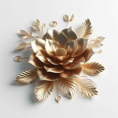3d metallic big gold flower with leaves on a white background