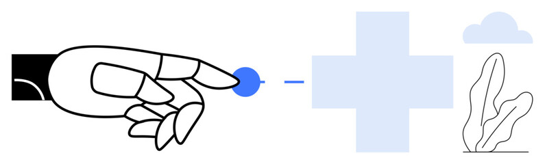 Obraz premium Robotic hand reaching blue dot with medical cross, plant, and cloud. Ideal for technology, healthcare, AI integration, digital transformation, innovation futuristic solutions sustainability. Flat