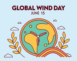 Obraz premium Global Wind Day Illustration: Earth with Wind Turbines and Flowing Wind Streams for Renewable Energy Awareness on June 15th