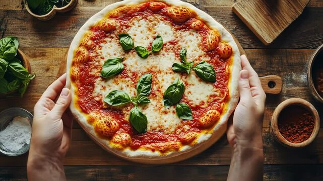 Delicious homemade margherita pizza with fresh basil on wooden table