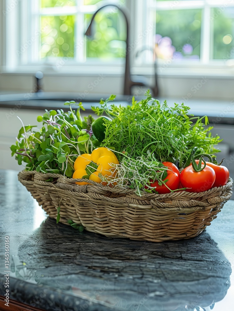 Poster rustic basket showcasing fresh microgreens and vibrant vegetables on a kitchen countertop with natur