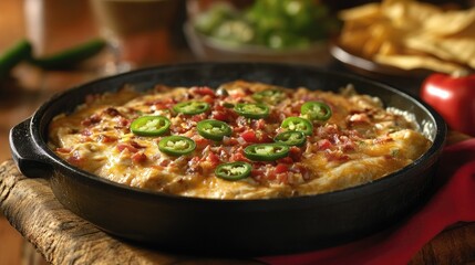A sizzling skillet filled with hot queso dip, garnished with jalapenos on top, creating a mouthwatering appetizer perfect for sharing