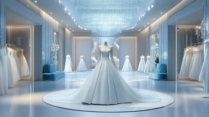 Elegant Bridal Boutique Interior with Wedding Dresses and Luxurious Decor