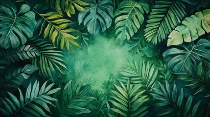 A watercolor illustration depicting various tropical green leaves and foliage