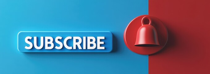 Subscribe button and notification bell on blue and red background